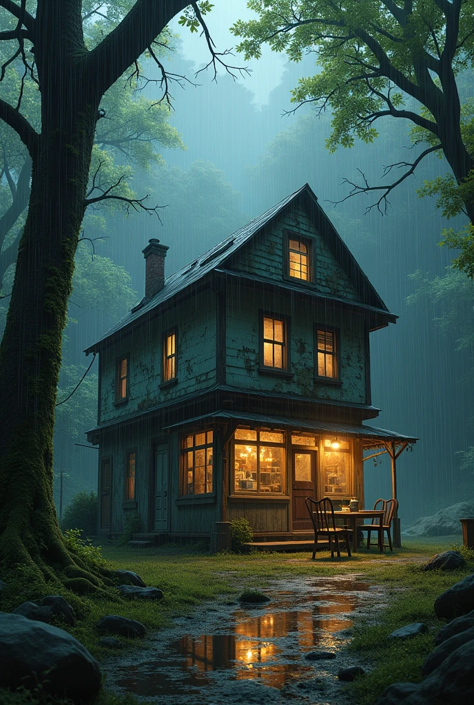 An abandoned cafe in a rainy forest