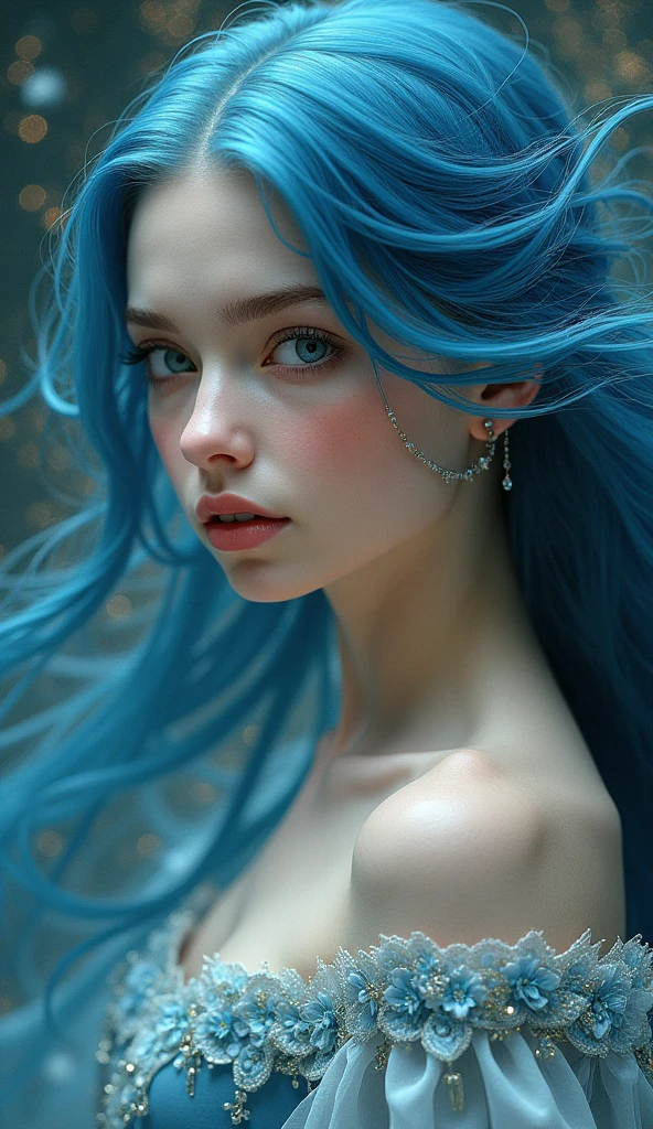 closeup illustration portrait of a girl, wearing flowing gown, art nouveau, blue hair, swirly intricate linework background by stanley artgerm lau, greg rutkowski, octane render hyperrealistic, thomas kinkade, alphonse mucha, detailed eyes