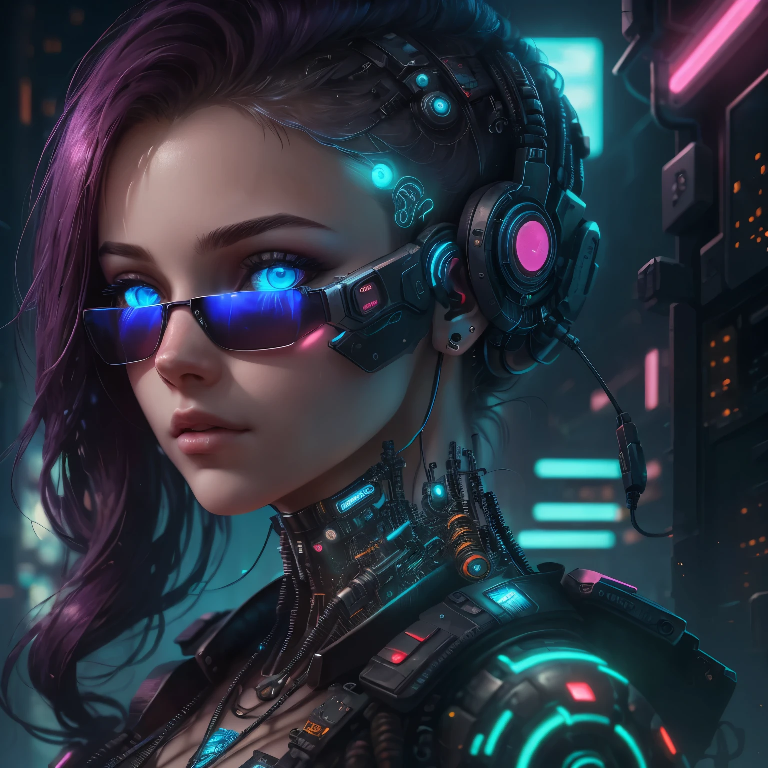 "(((A cyberpunk image of a pretty girl with cybernetic implants, with shades of wine and baby blue, highly detailed, realistic and cinematic. The image should depict reflections in the character's eyes and luminous parts in the cybernetic parts of the body. Cables should also be visible coming out of the body)))"

- Image Type: Digital Illustration
- Subject Description: A cyberpunk-style digital illustration depicting a pretty girl with cybernetic implants. The image is highly detailed, realistic and has a cinematic atmosphere. The predominant shades are wine and baby blue. The illustration should emphasize reflections in the character's eyes and luminous parts in the cybernetic areas of the body. The presence of cables coming out of the body should also be visible.
- Art Styles: Cyberpunk, Realism, Film
- nt Colors: Wine, Baby Blue
- Subject Details: Girl with cybernetic implants, reflections in her eyes, luminous parts on her body, cables sticking out of her body
- Rendering Techniques: Detailed Digital Illustration 