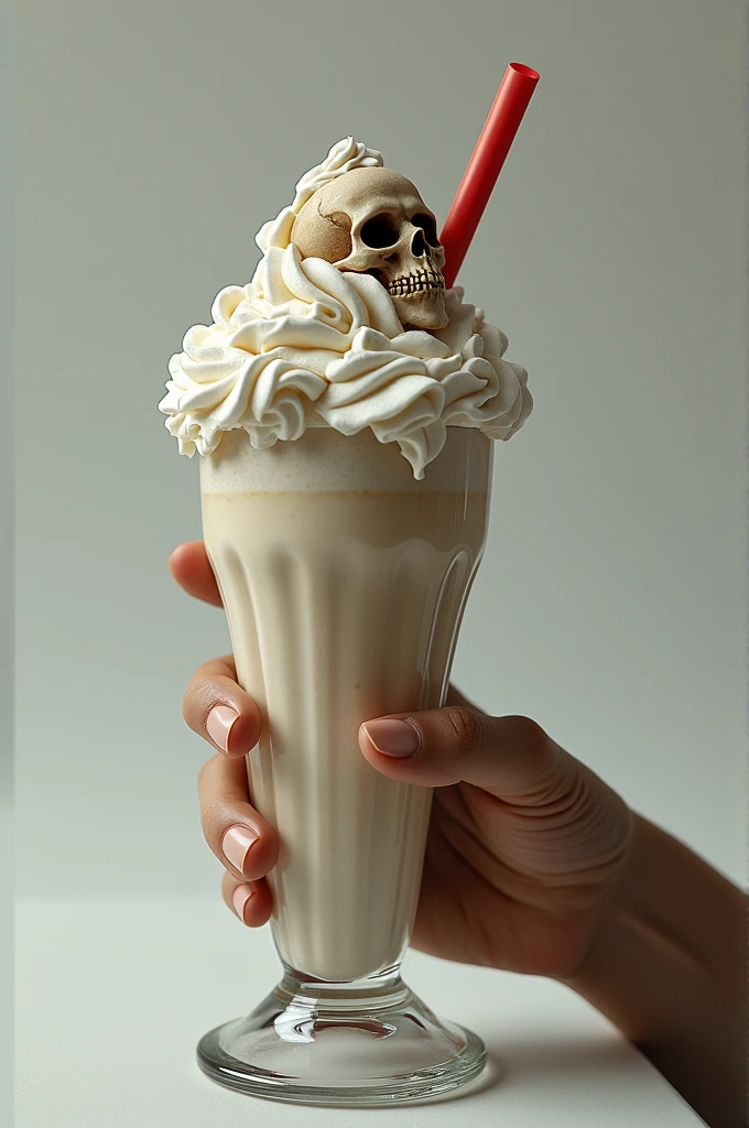 shakespeare&#39;s hand holding a milkshake instead of the skull, and in the milkshake with whipped cream place a skull on it. Below add the name “MilkShakespare”