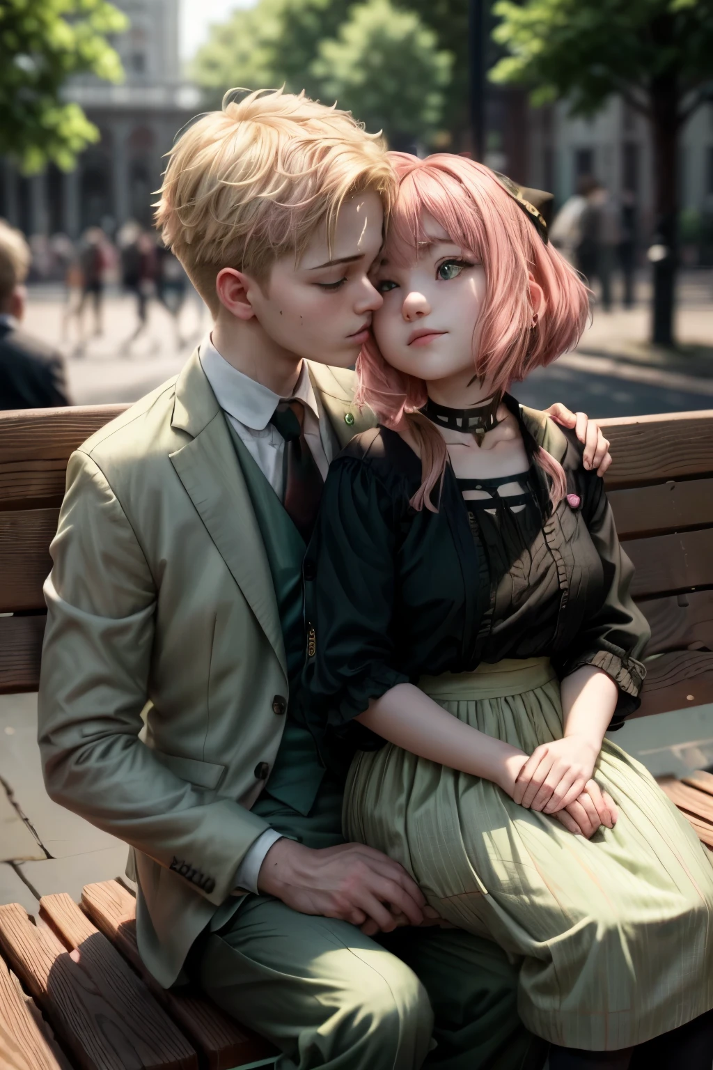 (masterpiece, best quality:1.2), high resolution, intricate details, extremely detailed, realistic and sharp details, (full body), hetero, couple, ((anya_forger_spyxfamily, anime_style, Anya Forger, pink hair, short bob hair, hairpods, green eyes, choker, blouse, skirt,  female childting on his lap)), ((1boy, Loid Forger, blonde hair, wearing light green business suit)), (couple sitting on public bench and kissing), detailed face, detailed eyes, pale skin, photo background, outdoors, 