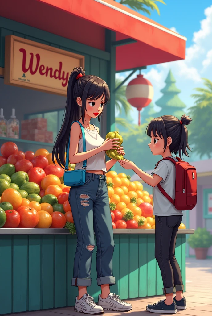 A tall white girl with thick lips, black hair with red tied up, at a fruit stand wearing a short blue strap bag, torn pants and shoes taken, a fruit set, sports shoes. The sign says Wendy and below it says kilometers 26 and she is serving a customer. 