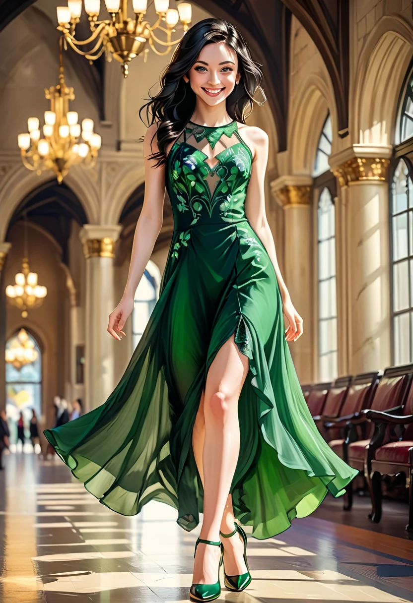 8K, UHD, MAsterpiece, best quality, 1 girl, (realistic face), happy pace, very long hair, small breasts, decorated dress, very beautiful ornaments dress, green color, lace, mesh dress, sardine, loops, in the balcony, ipllers, depth of field, cinematic lighting, chromatic aberration, motion blur, glowing light, god rays, ray tracing, reflection light, backlighting, knee short, 