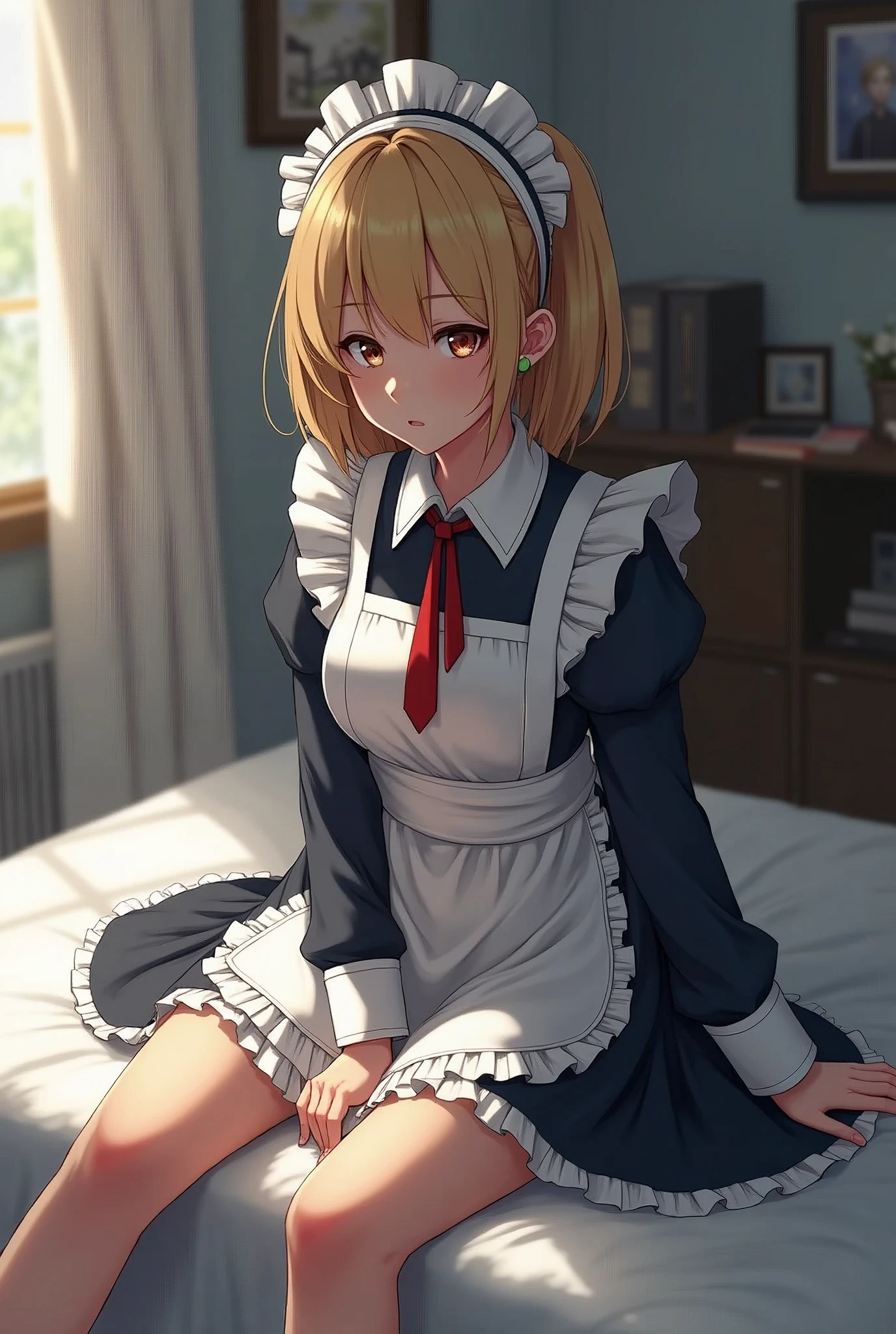 masterpiece, Highest quality, (Focus alone), (Perfect Face:1.1), (Attention to detail:1.1), Maid, Arknights, Kelsey, bed, Constraints, Blindfold, training, , Leg spread