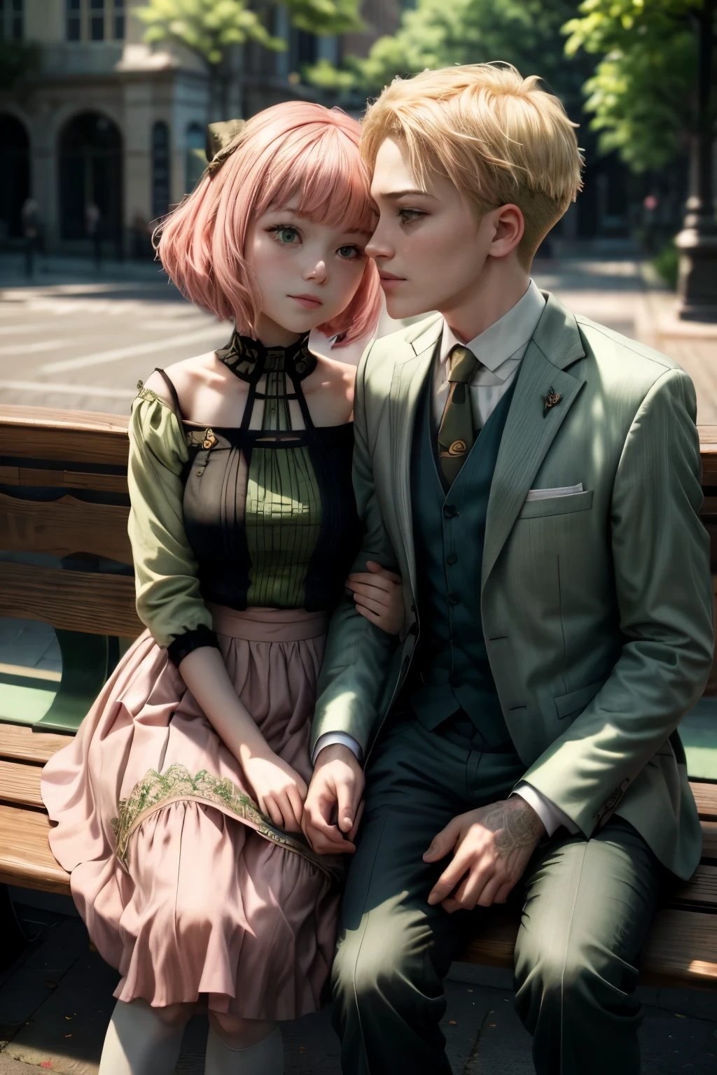 (masterpiece, best quality:1.2), high resolution, intricate details, extremely detailed, realistic and sharp details, (full body), hetero, couple, ((anya_forger_spyxfamily, anime_style, Anya Forger, pink hair, short bob hair, hairpods, green eyes, blouse, skirt, 10 yo female child, sitting on his lap)), ((1boy, Loid Forger, blonde hair, wearing light green business suit)), (couple sitting on public bench and kissing), detailed face, detailed eyes, pale skin, photo background, outdoors, 