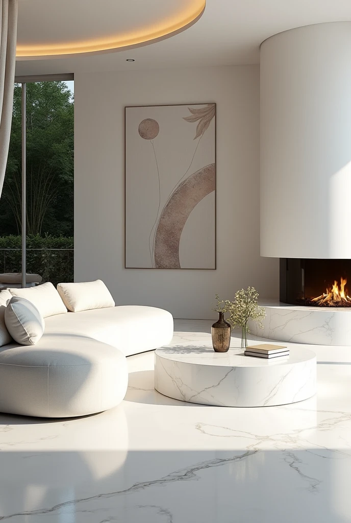 Professional 3d architecture rendering design of modern and minimal so light big curve white velvet sofa and white marble slab stone and white white marble flouting fireplace and spiral painting wall and modern and elegant accessories and sculpture and modern green space and white marble slab stone middle table and elegant curtains