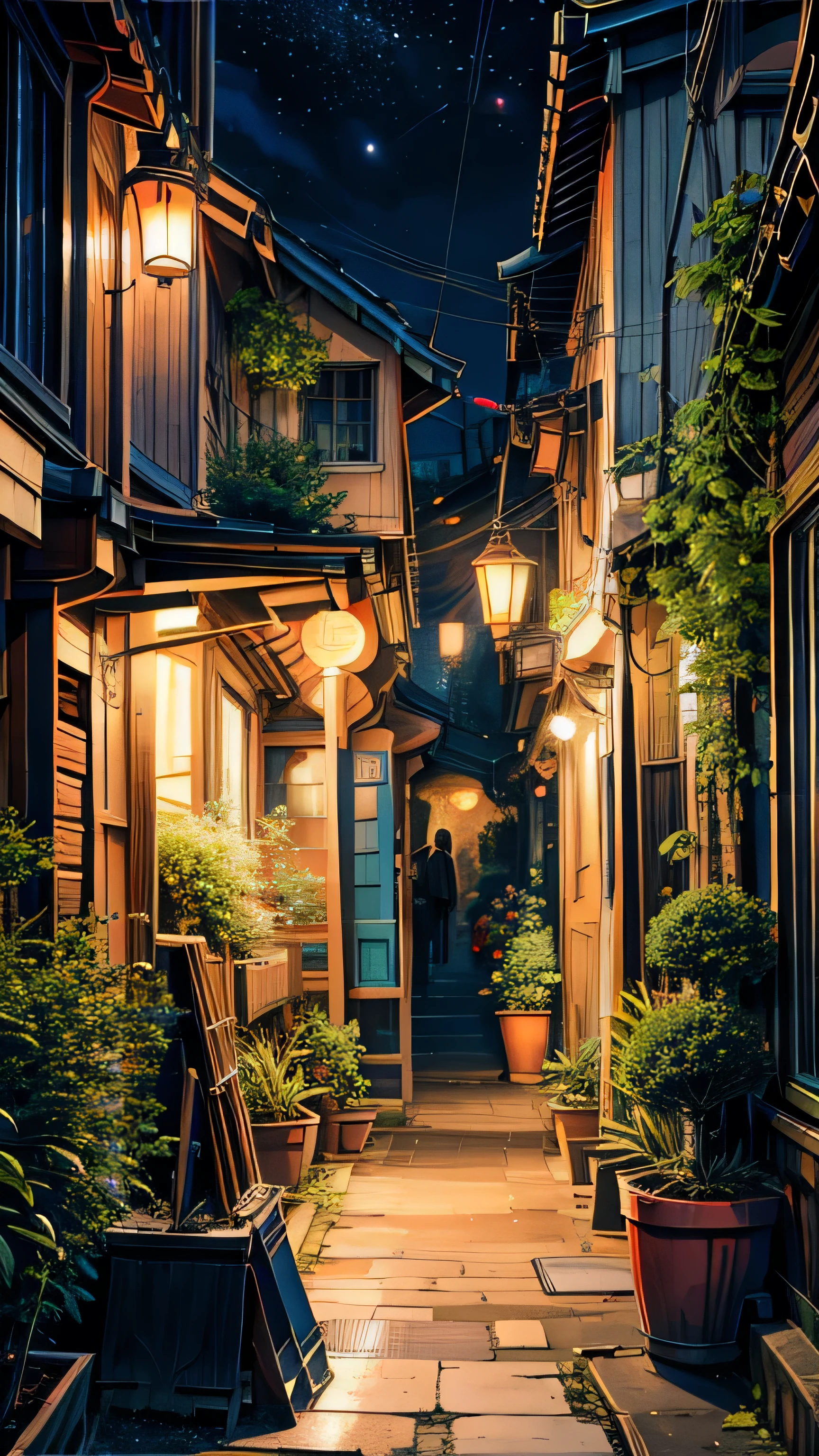 ,Painting of a night street with a bench, studio ghibli environment, pleasant Cozy atmosphere, Cozy atmosphere, Anime Scenery, night village backgrounds, Backstreets, Quiet Tokyo alley at night, Written by Edward Okun, Dreamy atmosphere, Dreamy atmosphere, spanish ghibli alleyway, makoto shinkai and (Cain Kuga), Detailed anime art, 4k hd,, Beautiful Art UHD 4K, Beautiful artwork illustration, Beautiful digital painting, Highly detailed digital painting, Beautiful digital art, Detailed painting 4k, Highly detailed digital painting, Rich, picturesque colors, Gorgeous digital painting