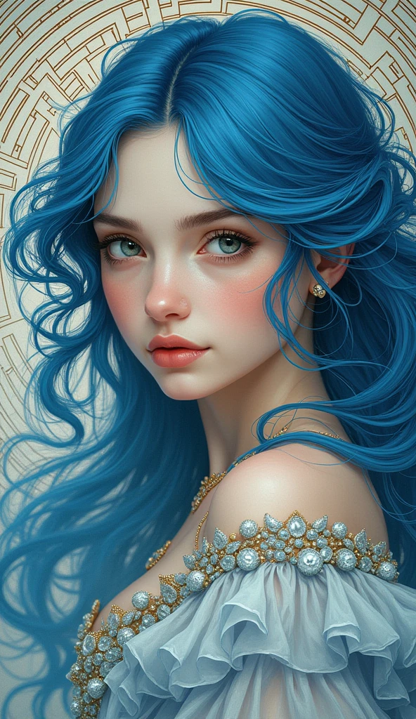 closeup illustration portrait of a girl, wearing flowing gown, art nouveau, blue hair, swirly intricate linework background by stanley artgerm lau, greg rutkowski, octane render hyperrealistic, thomas kinkade, alphonse mucha, detailed eyes