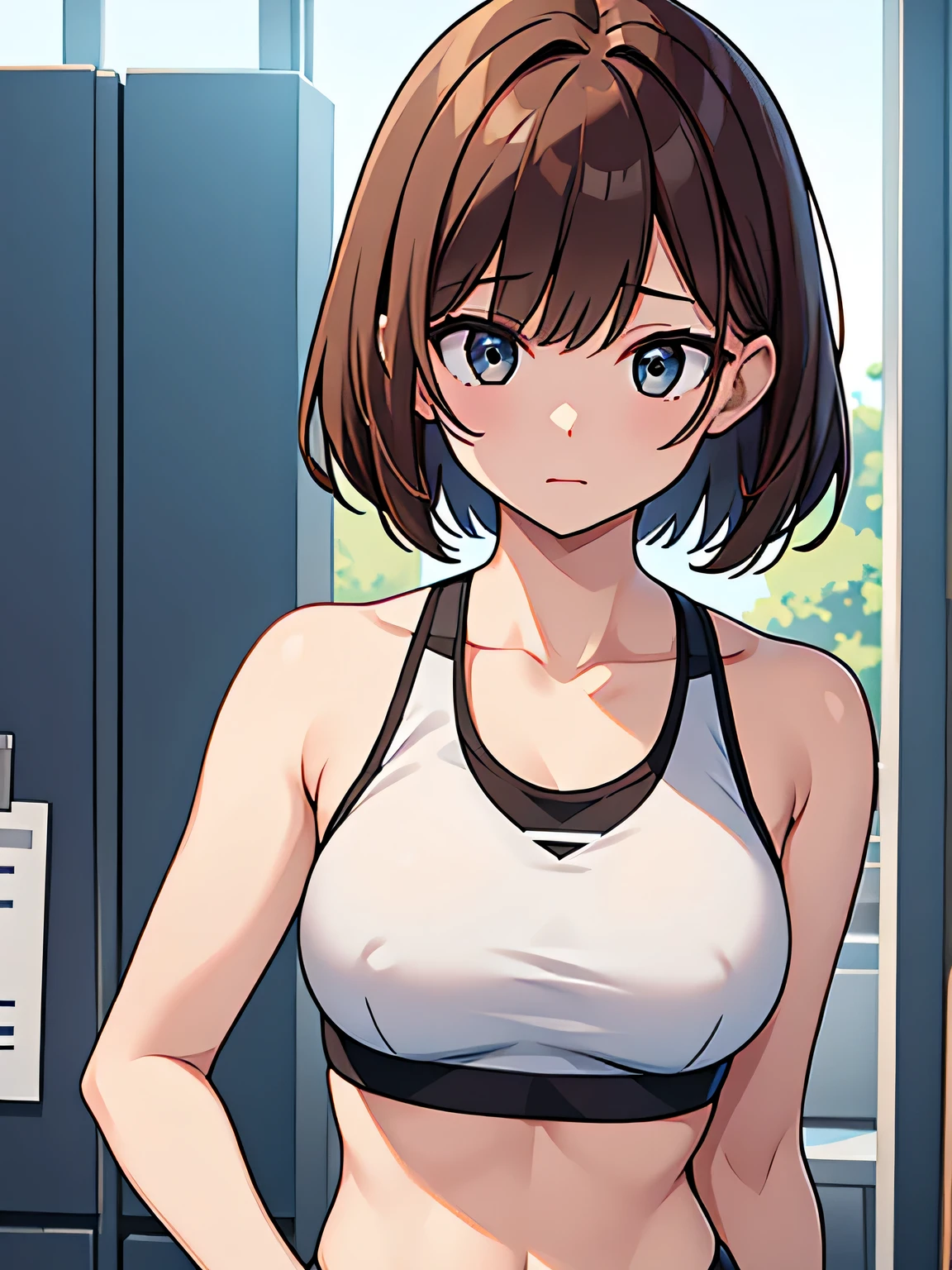 woman、Sports bra、F Cup、Brown Hair、Bobcut、from the front、Sexy