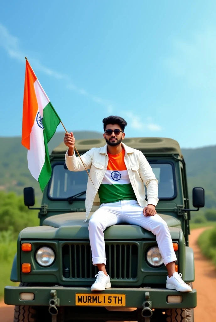 Create an Real image featuring a young man
sitting on the hood of army truck, with Indian's scenic background. He's holding a flag celebrating Indian 15th August. The boy wears a tirnga T-shirt with 'MURMU' 15th printed on it, white jacket, white pants, white shoes and sunglasses."