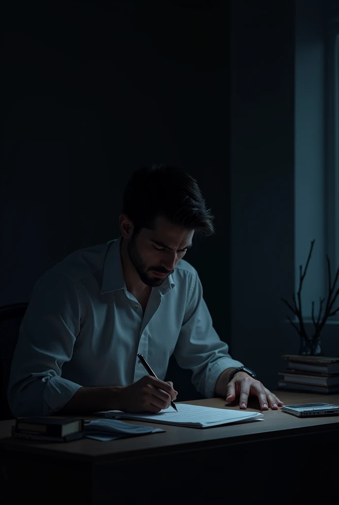 A serious man holding a pen doing his work. Sitting at desk. Show his side little bit not his face. Make the room dark. And make the motivational.