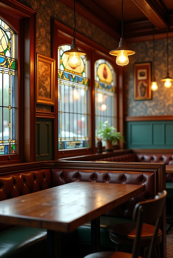 Photorealistic, A view from a wooden table in a corner of a retro coffee shop with stained glass lights