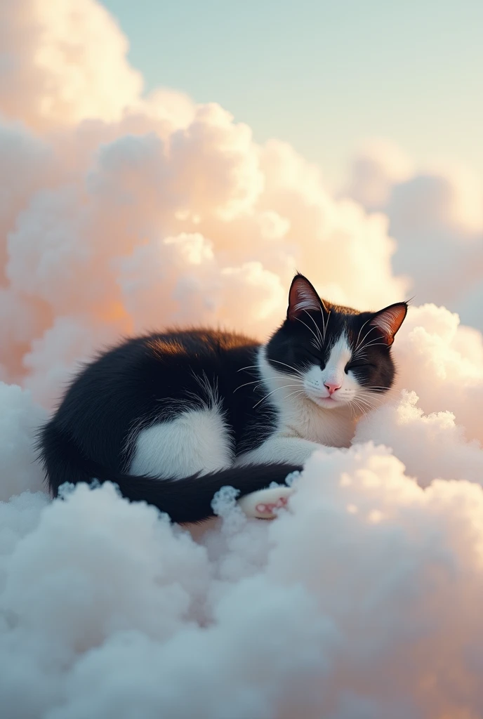 Beautiful tuxedo cat sleeping on a cloud