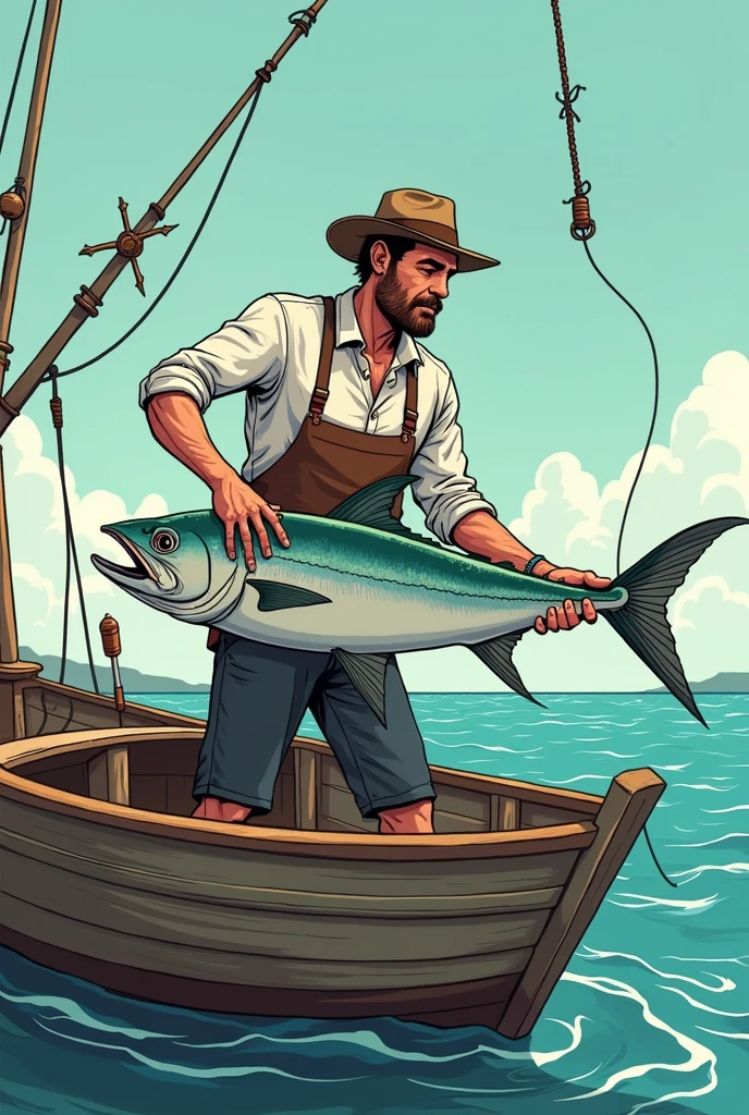 a man catching fish with sharp barbed hook and fish gowing in to a curry making port cartoon image