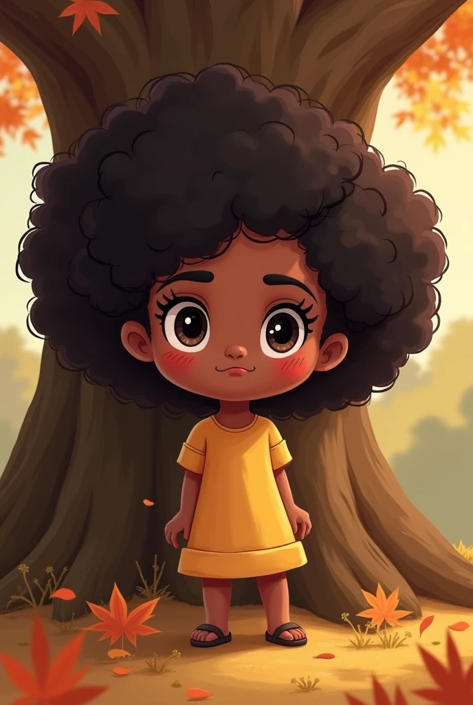 black female, with dark hair, curlies, in chibi, big cute eyes, peach-toned cheek, reddened mouth, with one eye blinking, cabelos curlies, in the scenery with brown autumn leaves, an oak, rolled dress