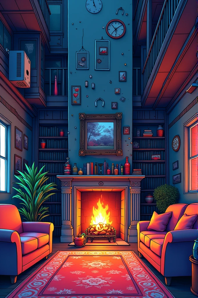 a close up of a drawing of a living room with a fireplace, kilian eng vibrant colours, kilian eng vibrant colors, inspired by Chris Ware, in style of laurie greasley, in style of digital illustration, inspired by Bruce McLean, interior background art, in style of james gilleard, by James Jarvaise, dense hypermaximalist metropolis