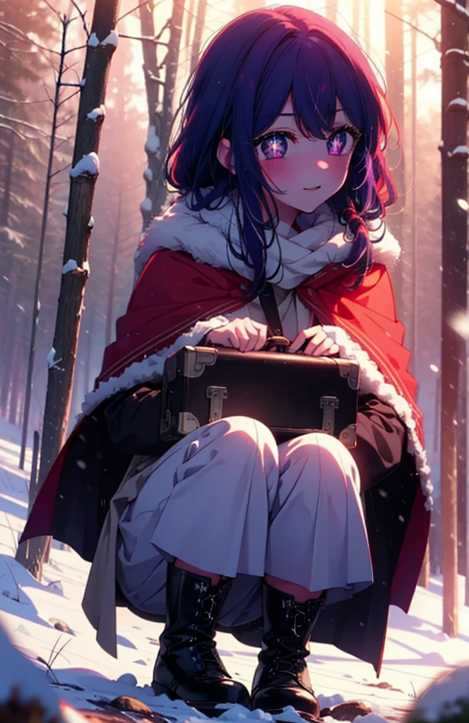 aihoshino, Ai Hoshino, Long Hair, bangs, (Purple eyes:1.1), Purple Hair, (Symbol-shaped pupil:1.5), smile,,smile,blush,white breath,
Open your mouth,snow,Ground bonfire, Outdoor, boots, snowing, From the side, wood, suitcase, Cape, Blurred, , forest, White handbag, nature,  Squat, Mouth closed, Cape, winter, Written boundary depth, Black shoes, red Cape break looking at viewer, Upper Body, whole body, break Outdoor, forest, nature, break (masterpiece:1.2), Highest quality, High resolution, unity 8k wallpaper, (shape:0.8), (Beautiful and beautiful eyes:1.6), Highly detailed face, Perfect lighting, Extremely detailed CG, (Perfect hands, Perfect Anatomy),