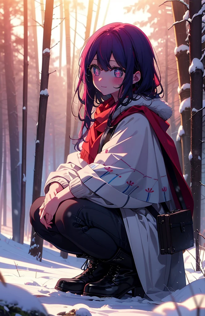 aihoshino, Ai Hoshino, Long Hair, bangs, (Purple eyes:1.1), Purple Hair, (Symbol-shaped pupil:1.5), smile,,smile,blush,white breath,
Open your mouth,snow,Ground bonfire, Outdoor, boots, snowing, From the side, wood, suitcase, Cape, Blurred, , forest, White handbag, nature, Squat, Mouth closed, Cape, winter, Written boundary depth, Black shoes, red Cape break looking at viewer, Upper Body, whole body, break Outdoor, forest, nature, break (masterpiece:1.2), Highest quality, High resolution, unity 8k wallpaper, (shape:0.8), (Beautiful and beautiful eyes:1.6), Highly detailed face, Perfect lighting, Extremely detailed CG, (Perfect hands, Perfect Anatomy),