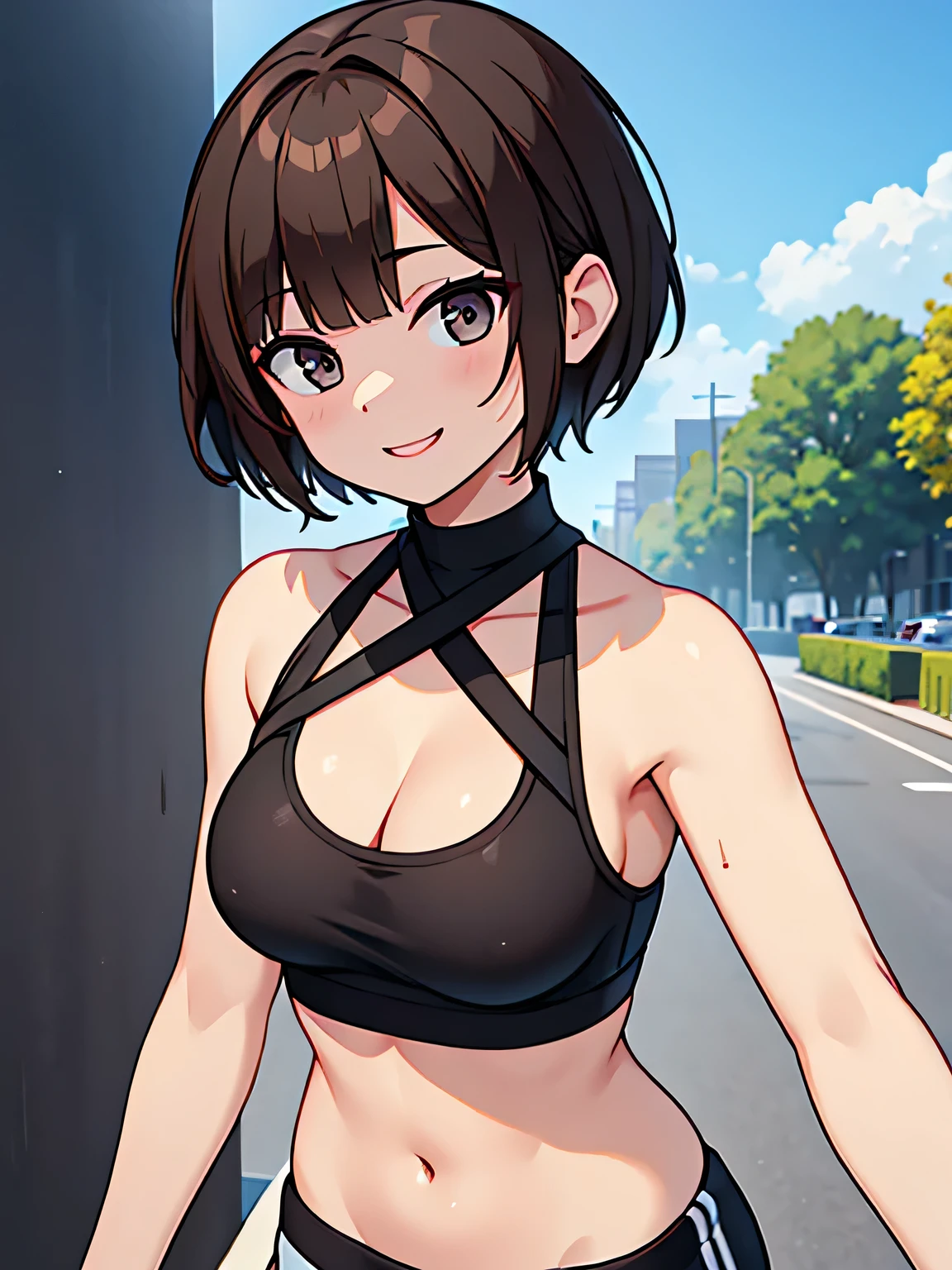 woman、Black sports bra、F Cup、Brown Hair、Bobcut、from the front、smile、Sexy