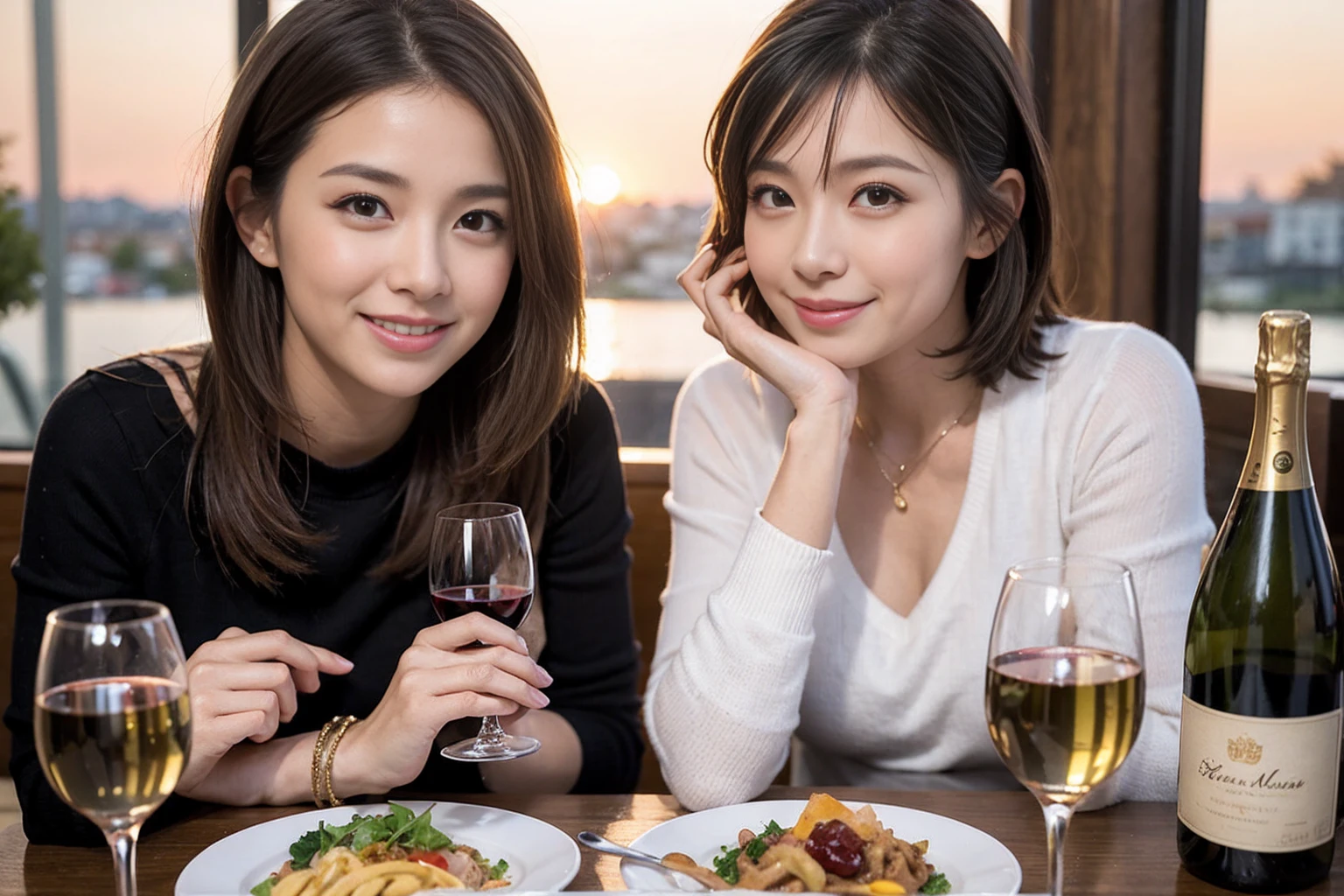 （Realistic:1.1）,(masterpiece,Highest quality)，8k,(49 years old), 53 years old, ベリーslimボディ、slimカップル、Tight waist,Upper Body,full-course dinner、wine 、Amazing view of the sunset sky and clouds、Perfect Anatomy, Brown Hair, short hair,Random Hairstyles,((Highly detailed face and eyes:1.2))，Perfect golden ratio face，Long sleeve shirt、dress,(smile:1.2)、Shortcuts、cute、(Realistic, Intricate details:1.2), A bright smile、short hair,Bright Face、赤wine 、Appetizers、Italian food、wine bottle、Champagne、スパークリングwine、(slimな顔), (The body is slim), (Brown Hair), (Shortcuts),  Upper Body, 白wine, slim, wineグラス, 