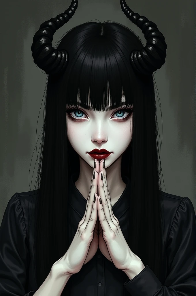 Woman with straight black hair, Natural blue eyes and pale skin, lips were open and painted wine red, her hair with medium black horns, hands making a gesture of silence,dark drawing style