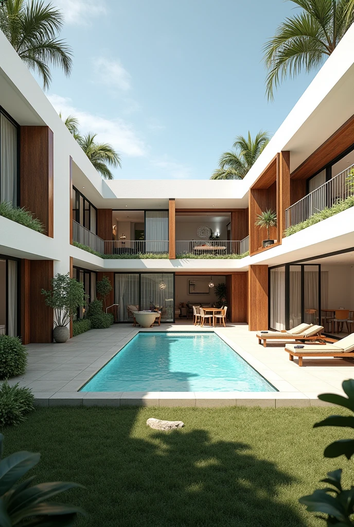 a hotel/two story hostel, white and in some parts wood texture, that is L-shaped and has a beautiful patio with a pool in the center