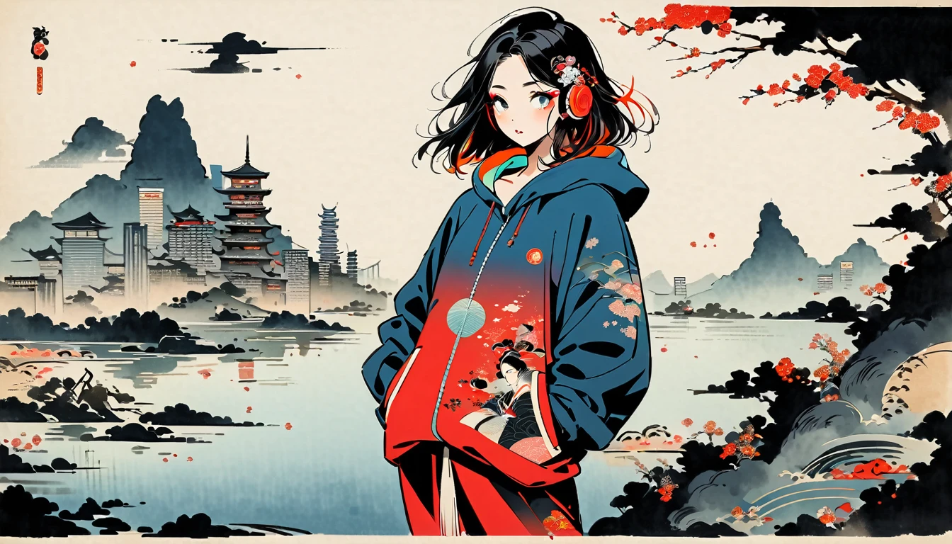 (((Ink Painting))), (((cyber city))), (((1 girl))), (((whole body))), (((Very flashy hair accessories))), (((Very flashy makeup))), Japanese style headphones, Japanese pattern hoodie, Put on the hood, Put your hands in your pockets, Japan人の美女, Black Hair, Delicate and precise, Modern ukiyo-e style,Japan, Droopy eyes, round face
