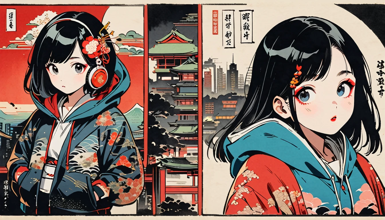(((Ink Painting))), (((cyber city))), (((1 girl))), (((whole body))), (((Very flashy hair accessories))), (((Very flashy makeup))), Japanese style headphones, Japanese pattern hoodie, Put on the hood, Put your hands in your pockets, Japan人の美女, Black Hair, Delicate and precise, Modern ukiyo-e style,Japan, Droopy eyes, round face