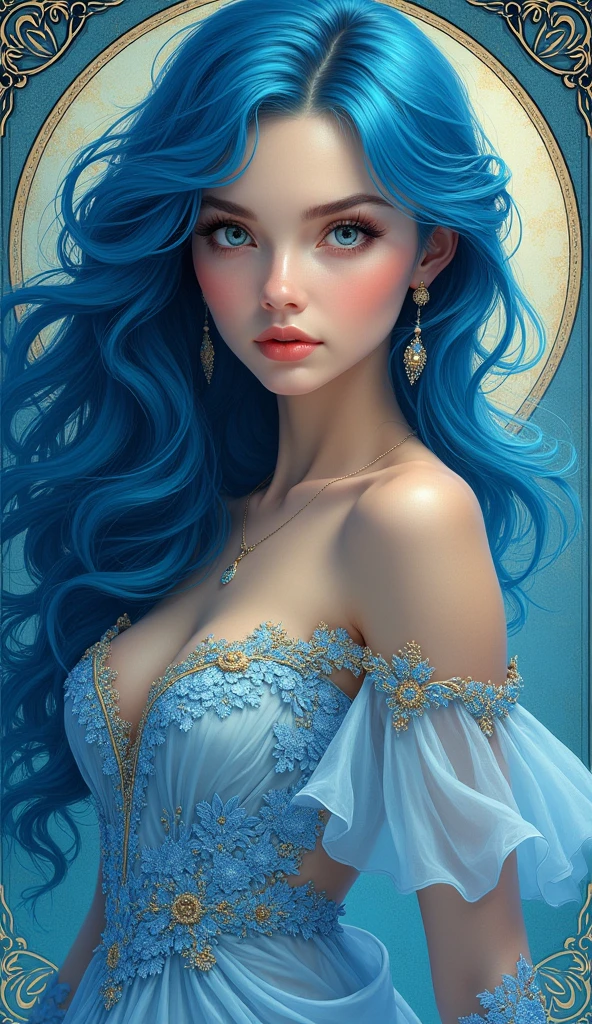 closeup illustration portrait of a girl, wearing flowing gown, art nouveau, blue hair, swirly intricate linework background by stanley artgerm lau, greg rutkowski, octane render hyperrealistic, thomas kinkade, alphonse mucha, detailed eyes