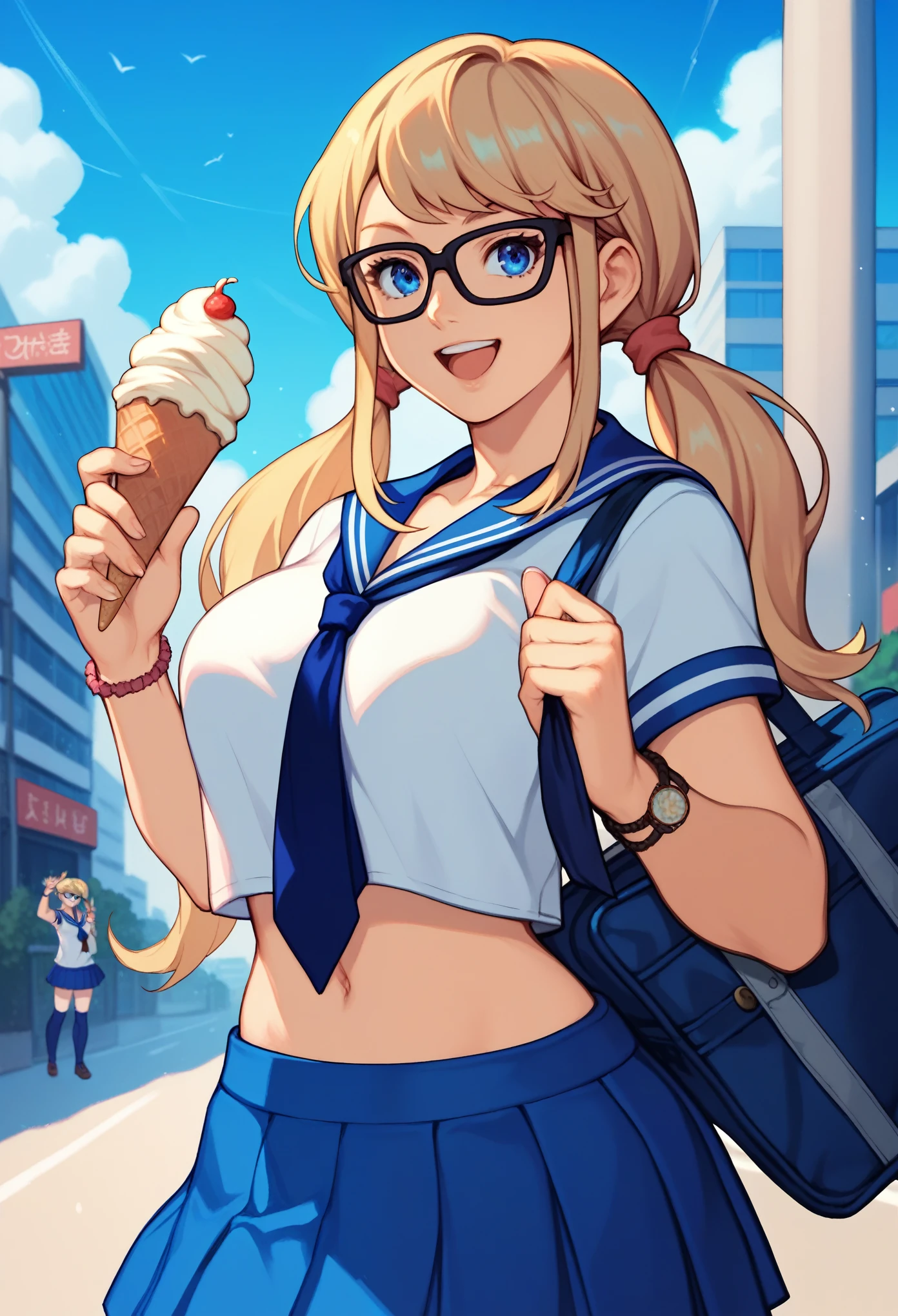 score_9, score_8_up, score_7_up, score_6_up, source_anime BREAK,1girl,RMikaSchool, low twintails, glasses, serafuku, blue tie, navel, blue skirt, blue thighhighs, multiple bracelets, breasts, tented shirt, smile, ice cream, cityscape, holding ice cream, upper body, open mouth, street , upper body,blue eyes, school bag,