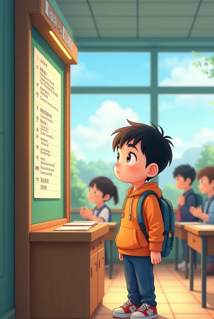 Help me draw a person looking at the list in the class light(Children's animation)。cartoon posted this week's list of "Class Lights" in the class,The students rushed up to find their names.,The chirping sound filled the whole classroom。The selected students stood up straight,Rejoiced。In this bustle,I saw Xiaoguang standing quietly in front of the list of "Class Light"。He looked at the list with eager eyes,Lips tightly closed,As if thinking about something。Xiao Guang seemed to notice that I was observing him.,So he pretended to be his usual self again,He walked back to his seat nonchalantly.,Two feet up,On the table,Wrap your hands around your chest,Continue to nap。