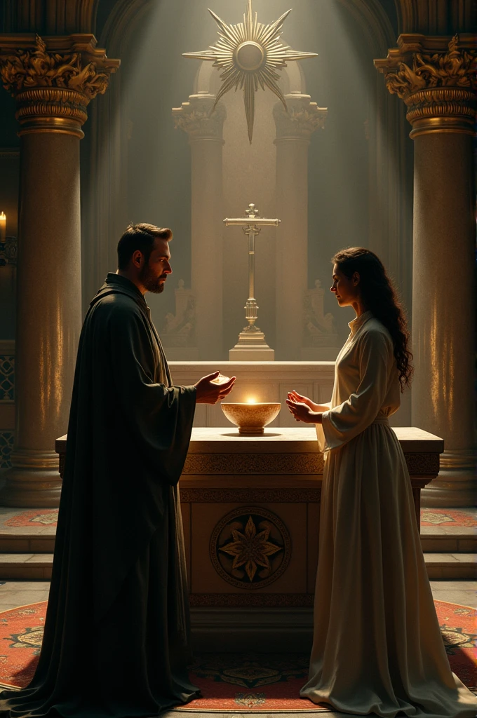 Priest on the altar holding a clay bowl of holy water with a woman facing him from the other side of the altar