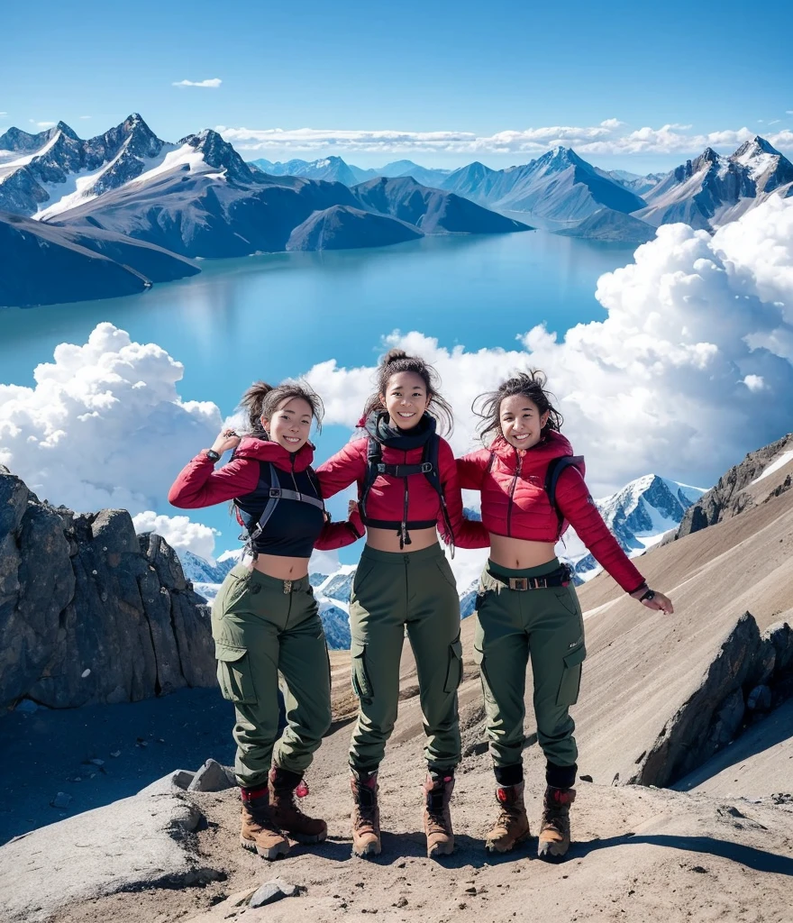 “Three female mountain climbers, dressed in crop tops, stylish cargo pants, and sturdy boots, stand triumphantly at the mountain summit. They sport mountain backpacks and enjoy the stunning sky and clouds around them.”