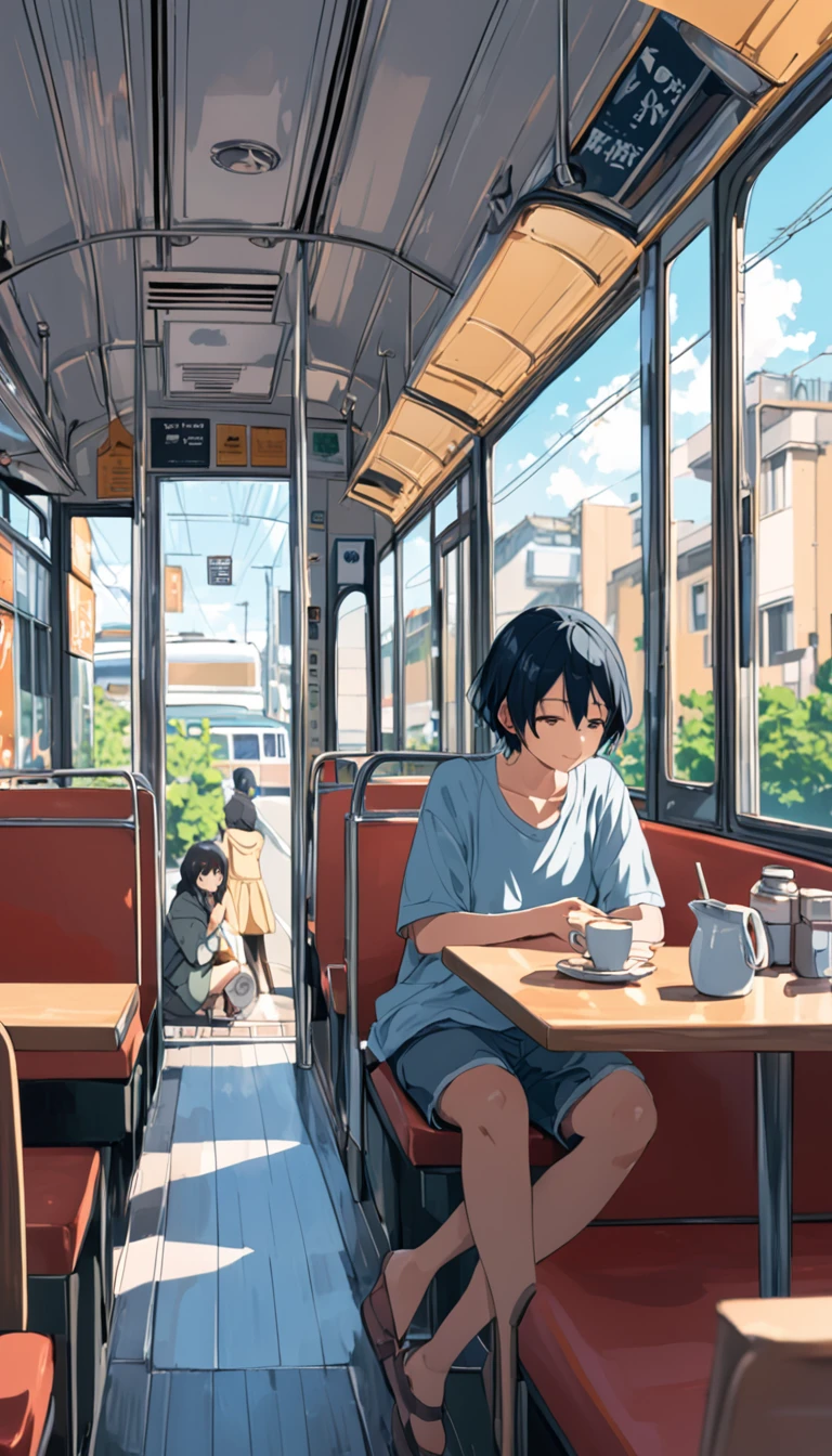 ((anime:1.4,figure)),(masterpiece, Highest quality, Highest quality),(Very detailed, The absolute solution),((16K, High resolution)), (((Cafe next to the bus))), ((anime:1.4,figure)),(masterpiece, Highest quality, Highest quality),(Very detailed, The absolute solution),((16K, High resolution)). break {Lofi Art, Laurie Griesley's style, Makoto Shinkai&#39;s Style, anime aesthetic}, break { (Generates images with over 40 million pixels of information with the detailed texture of films shot with Sony SLR cameras。).}