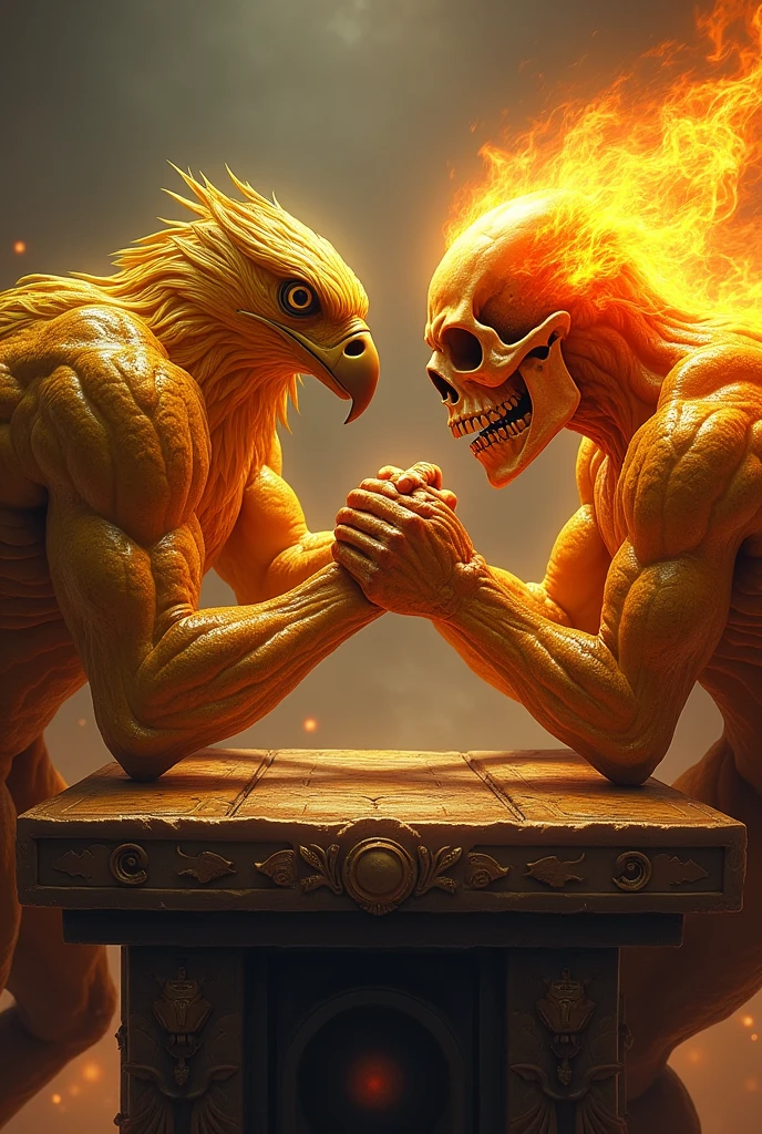 Liquid gold falcon with a human figure and a muscled body practicing arm wrestling against a flaming skull on a special armwrestling table