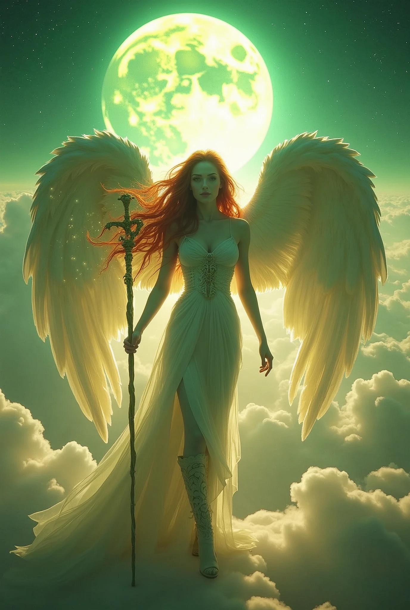 In the celestial expanse of fantasy heaven, a majestic Aasimar sorceress stands tall, bathed in divine light, as she unleashes a blazing spell. Set against a panoramic backdrop of a full moon, twinkling stars, and wispy clouds, her figure is rendered in photorealistic detail, with high-heel boots and flowing red locks billowing behind her. Her intense green gaze pierces the radiance, as her staff crackles with energy, illuminating the delicate features of her ultra-feminine visage. Angelic wings, spread wide like embracing arms, frame her silhouette against the soft focus of the clouds, while the cinematic lighting casts a dramatic shadow on the heavens, highlighting the sorceress's regal presence, Surrealism, Hyperrealism, retina, accurate, masterpiece, super detail, high details, best quality, award winning, highres, HD, 4K, 8k, 16k