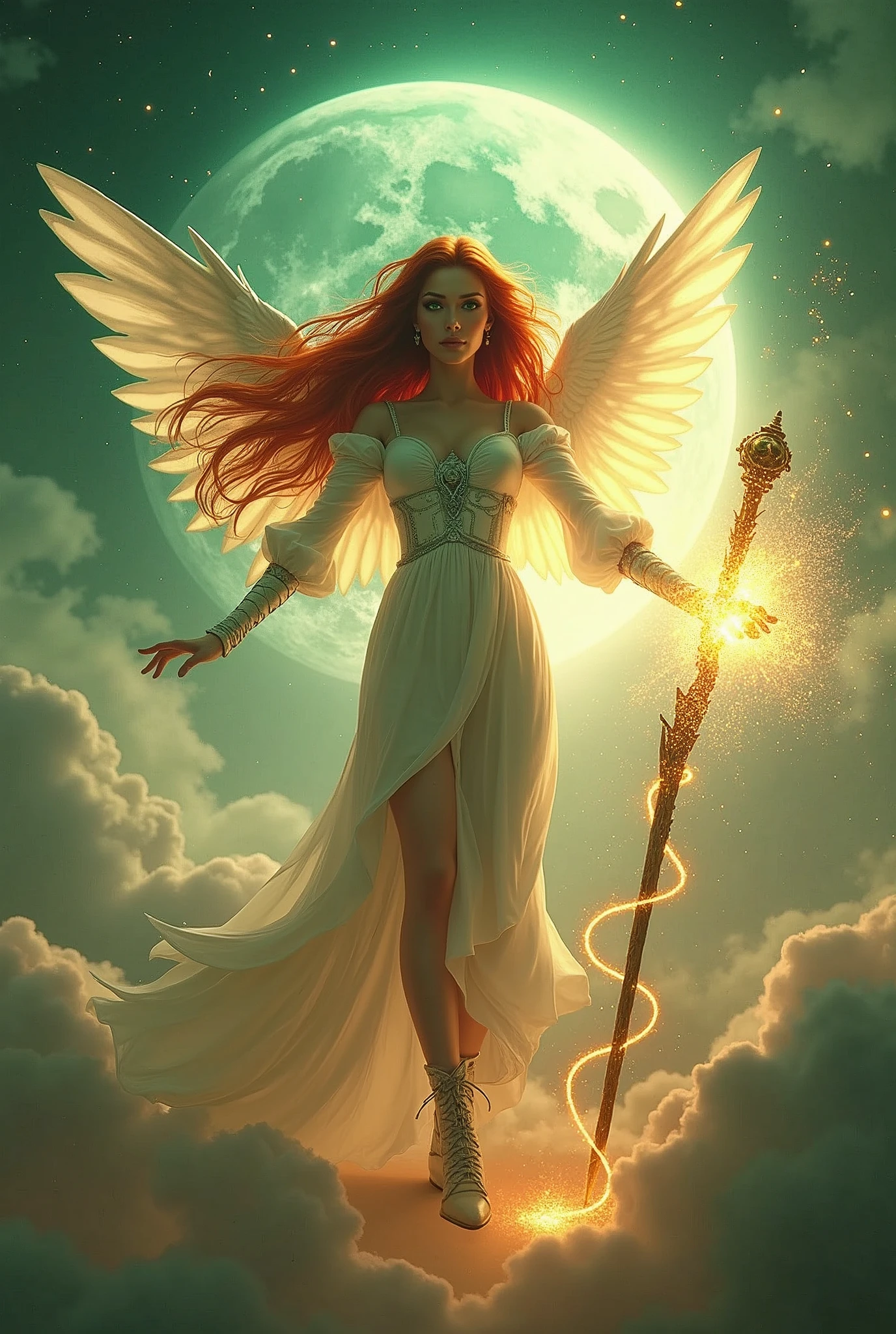 In the celestial expanse of fantasy heaven, a majestic Aasimar sorceress stands tall, bathed in divine light, as she unleashes a blazing spell. Set against a panoramic backdrop of a full moon, twinkling stars, and wispy clouds, her figure is rendered in photorealistic detail, with high-heel boots and flowing red locks billowing behind her. Her intense green gaze pierces the radiance, as her staff crackles with energy, illuminating the delicate features of her ultra-feminine visage. Angelic wings, spread wide like embracing arms, frame her silhouette against the soft focus of the clouds, while the cinematic lighting casts a dramatic shadow on the heavens, highlighting the sorceress's regal presence, Surrealism, Hyperrealism, retina, accurate, masterpiece, super detail, high details, best quality, award winning, highres, HD, 4K, 8k, 16k