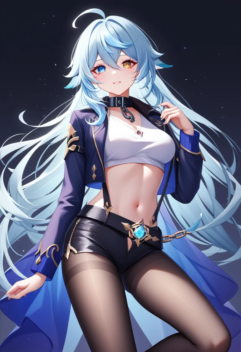 1girl, solo, furina \(genshin impact\), (heterochromia, (blue eye, light blue eye)), teardrop pupil, very long hair, blue striped hair, medium breasts, ahoge, white shirt, cropped shirt, chain collar, dark blue jacket, unzipped jacket, no hood, Suspenders, belt, white short, one leg very short length and one leg long length bottoms, black pantyhose in one leg, black background, simple color background, perfect face, perfect hands, perfect fingers, non human fingers, perfect design, perfect detailed eyes, beautiful detailed eyes, top quality, best quality, masterpiece, detailed outfit, super detailed, ultra detailed, highly detailed, cinematic lighting, perfect anatomy, CG:1.9, ultra detailed:1.9, ultra-detailed:1.9, high resolution:1.9, high res:1.9, absurdres:1.9, masterpiece:2, high quality:2, best quality:2, (ultra-detailed), (illustration), (disheveled hair), (beautiful detailed eyes), beautiful, amazing, detailed eyes, (masterpiece), best quality, ((ultra-detailed)), ((an extremely detailed and delicate)), (8k cg wallpaper), (stunning art), ((illustration))