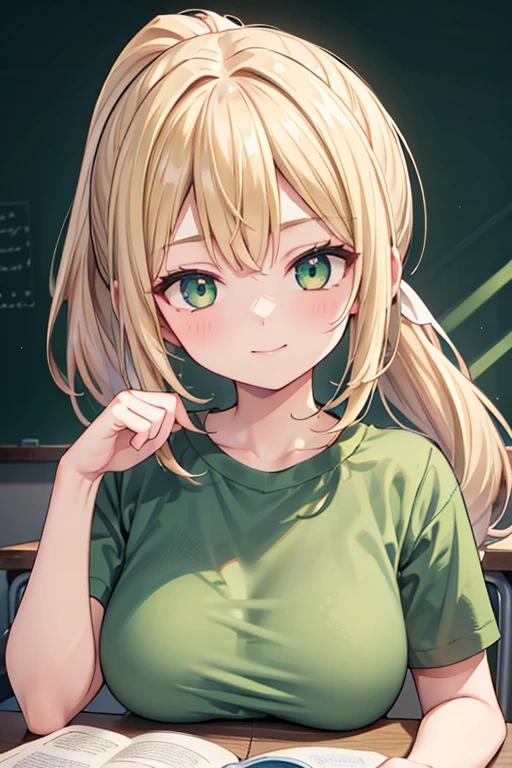 masterpiece,best quality,super detailed,super fine illustration,8k,perfect face,perfect body,woman,English Teacher,little smile,holding textbook,Blonde,ponytail,green T-shirt,cute,green eyes,25yo,(face brasched:1.3)BREAK in class room,detailed background,beautiful background,