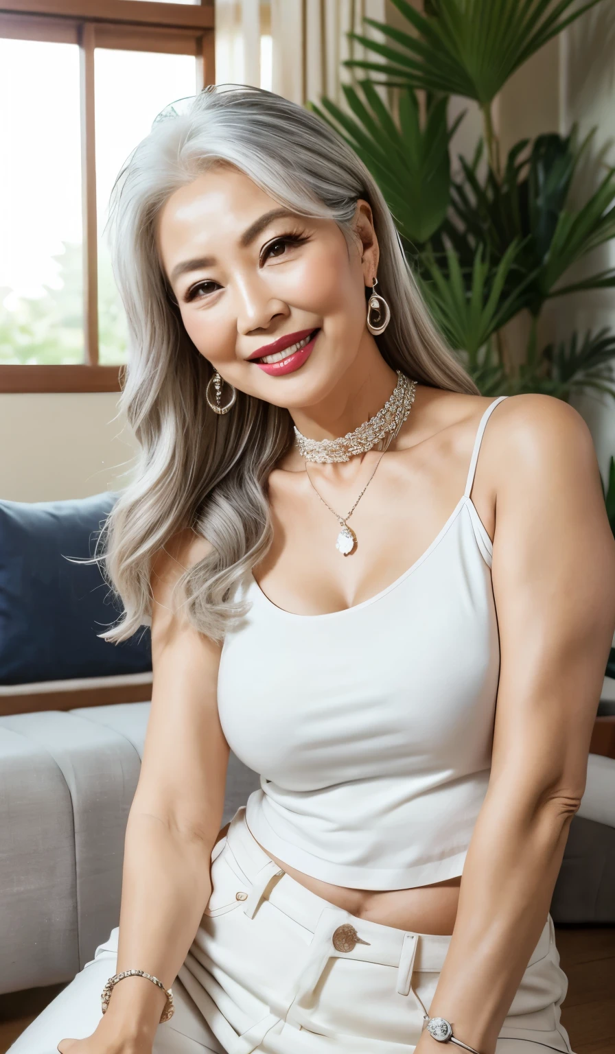 75 years old Mom MILF Korean, Lady large earring Big choker navel piercing decoration A bracelet Silver Hair realisitic Gorgeous Madame Beautiful Mature Woman sexy Smile Gentle woman navel piercing 4K High quality コーヒーショップ morning食 morning Customer summer Tank top