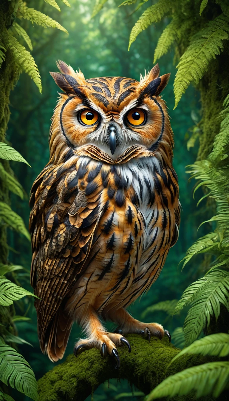 A highly detailed, hyper-realistic, and vibrant portrait of a four-eyed owl with a human-like face, perched in a lush, verdant forest, (best quality,4k,8k,highres,masterpiece:1.2),ultra-detailed,(realistic,photorealistic,photo-realistic:1.37),extremely detailed animal,intricate patterns,realistic lighting