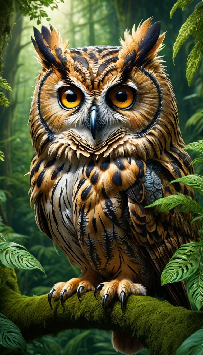 A highly detailed, hyper-realistic, and vibrant portrait of a four-eyed owl with a human-like face, perched in a lush, verdant forest, (best quality,4k,8k,highres,masterpiece:1.2),ultra-detailed,(realistic,photorealistic,photo-realistic:1.37),extremely detailed animal,intricate patterns,realistic lighting