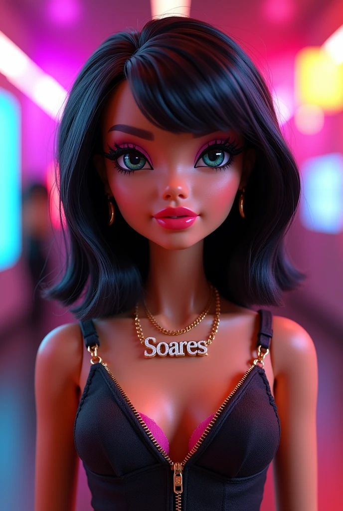 create a bratz with medium hair with a necklace written Soares