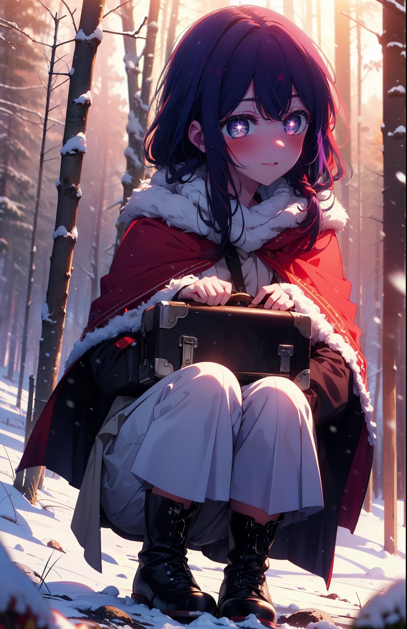aihoshino, Ai Hoshino, Long Hair, bangs, (Purple eyes:1.1), Purple Hair, (Symbol-shaped pupil:1.5), smile,,smile,blush,white breath,
Open your mouth,snow,Ground bonfire, Outdoor, boots, snowing, From the side, wood, suitcase, Cape, Blurred, , forest, White handbag, nature,  Squat, Mouth closed, Cape, winter, Written boundary depth, Black shoes, red Cape break looking at viewer, Upper Body, whole body, break Outdoor, forest, nature, break (masterpiece:1.2), Highest quality, High resolution, unity 8k wallpaper, (shape:0.8), (Beautiful and beautiful eyes:1.6), Highly detailed face, Perfect lighting, Extremely detailed CG, (Perfect hands, Perfect Anatomy),