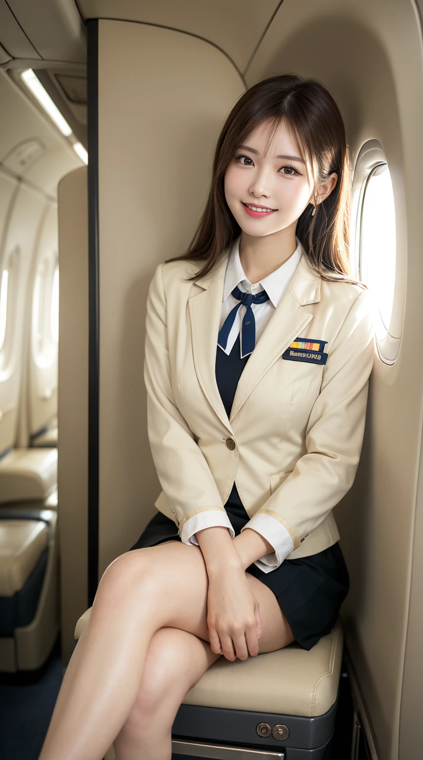 ​highest quality、table top、8k、best image quality、Award-winning work), two beautiful women、radiant beautiful skin , masterpiece、top-quality、The ultra -The high-definition、depth of fields、lens flare 1 girl、、brown hair, watching at viewers glares, large breasts , ivory stewardess uniform, ( ivory stewardess blazer:1.3),  shirt, ivory short  skirt, (white high heels), perfect legs, sitting across of me , crossed legs, view from below, smiling , flight cabin
