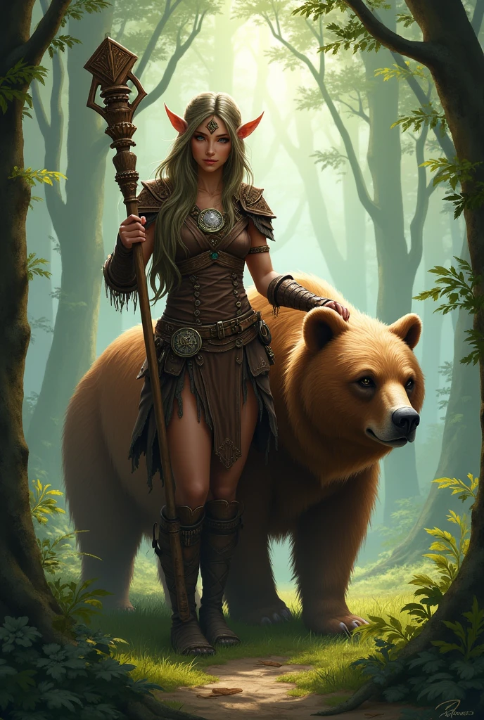 A wood elf druid with a pet bear with a wooden staff, leather armor and a moon amulet in the forest