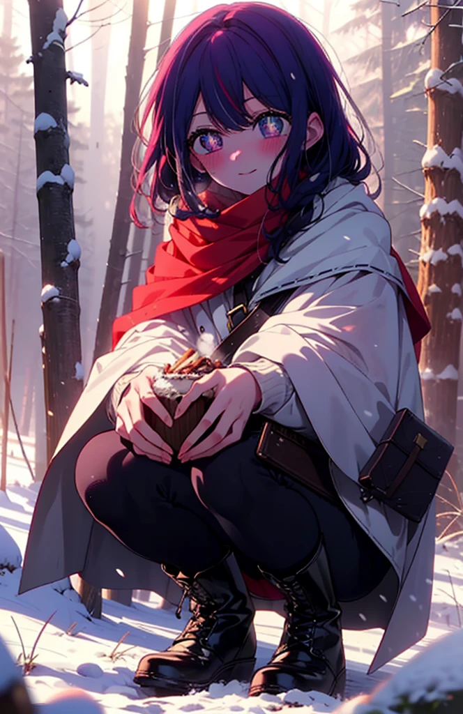 aihoshino, Ai Hoshino, Long Hair, bangs, (Purple eyes:1.1), Purple Hair, (Symbol-shaped pupil:1.5), smile,,smile,blush,white breath,
Open your mouth,snow,Ground bonfire, Outdoor, boots, snowing, From the side, wood, suitcase, Cape, Blurred, , forest, White handbag, nature,  Squat, Mouth closed, Cape, winter, Written boundary depth, Black shoes, red Cape break looking at viewer, Upper Body, whole body, break Outdoor, forest, nature, break (masterpiece:1.2), Highest quality, High resolution, unity 8k wallpaper, (shape:0.8), (Beautiful and beautiful eyes:1.6), Highly detailed face, Perfect lighting, Extremely detailed CG, (Perfect hands, Perfect Anatomy),
