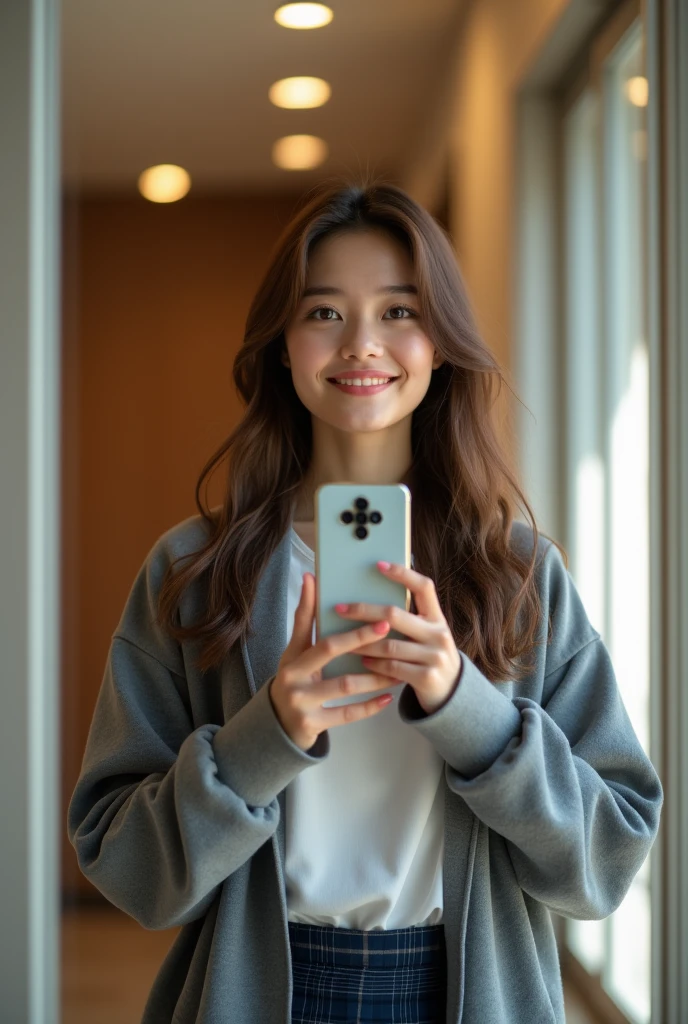 concept:Woman taking selfie. quality:(最高quality, 4K, High resolution, masterpiece:1.2), Very detailed, (Genuine, photoGenuineistic:1.37). illumination:Bright colors, Bright colors and mesmerizing effects, (Warm sunshine), 柔らかく繊細なillumination, Gentle glow, Lens flare, The overall atmosphere is beautiful and calm.... Thematic Intelligence:alone, ((young woman)), (Round eyes), (Small face), (Skin with attention to detail:1.2), Long eyelashes, Glossy Lips, (Brown Hair, Long Wavy Hair, Brown eyes), (Slim figure, Happy expression), (((In front of the mirror))), ((Shooting with a smartphone:1.2)), (Gazing Eyes:1.5, take a picture), Hold your phone in front of your face, (((High School Uniform:1.2, Grey jacket, Open jacket, White shirt, Dark blue checked skirt, Captivating thighs))), smile, Happy, charm. Other details:Take a selfie through the mirror, Reflected in the full-length mirror, Genuineなレンダリング, Natural pose,,((Hold your phone in front of your face)), charmなsmile, A fun connection, Exquisite texture, Perfect composition, Happy moments, Beautiful Skin, Glowing Skin, Perfect Fingers, Five Fingers, Anatomically correct, Smartphone Photos.,In a completely different expression。