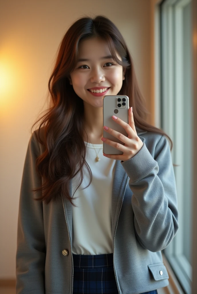 concept:Woman taking selfie. quality:(最高quality, 4K, High resolution, masterpiece:1.2), Very detailed, (Genuine, photoGenuineistic:1.37). illumination:Bright colors, Bright colors and mesmerizing effects, (Warm sunshine), 柔らかく繊細なillumination, Gentle glow, Lens flare, The overall atmosphere is beautiful and calm.... Thematic Intelligence:alone, ((young woman)), (Round eyes), (Small face), (Skin with attention to detail:1.2), Long eyelashes, Glossy Lips, (Brown Hair, Long Wavy Hair, Brown eyes), (Slim figure, Happy expression), (((In front of the mirror))), ((Shooting with a smartphone:1.2)), (Gazing Eyes:1.5, take a picture), Hold your phone in front of your face, (((High School Uniform:1.2, Grey jacket, Open jacket, White shirt, Dark blue checked skirt, Captivating thighs))), smile, Happy, charm. Other details:Take a selfie through the mirror, Reflected in the full-length mirror, Genuineなレンダリング, Natural pose,,((Hold your phone in front of your face)), charmなsmile, A fun connection, Exquisite texture, Perfect composition, Happy moments, Beautiful Skin, Glowing Skin, Perfect Fingers, Five Fingers, Anatomically correct, Smartphone Photos.,In a completely different expression。