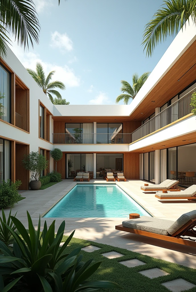 a hotel/two story hostel, white and in some parts wood texture, that is L-shaped and has a beautiful patio with a pool in the center